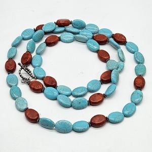 Vintage long silver turquoise coral necklace